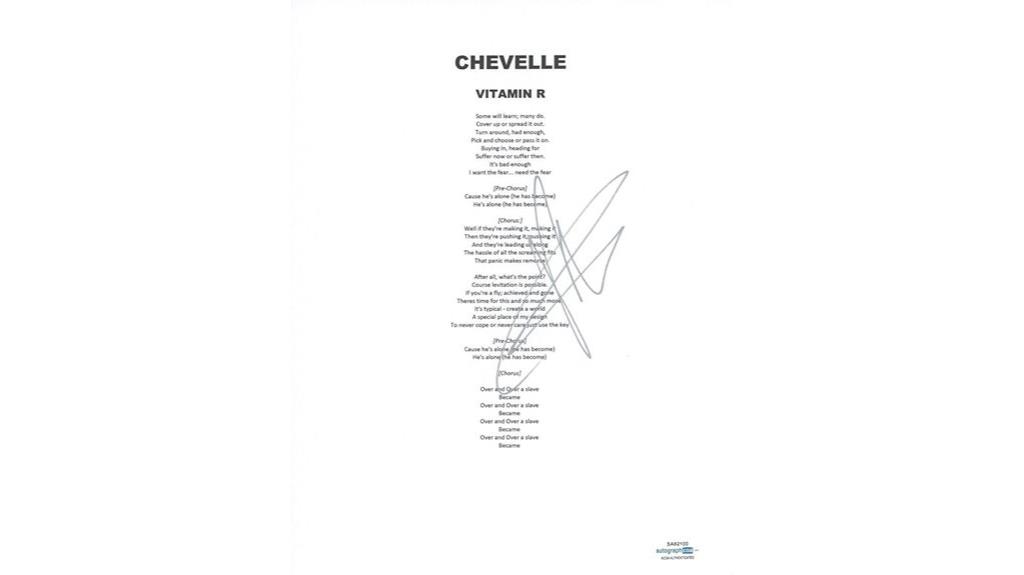 chevelle signed lyric sheet