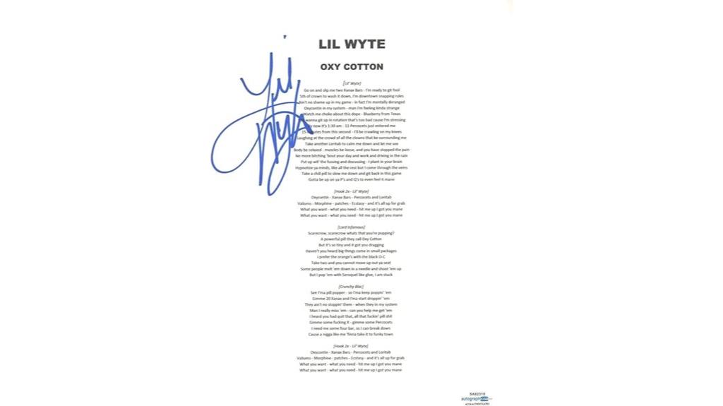 lil wyte autographed lyric sheet