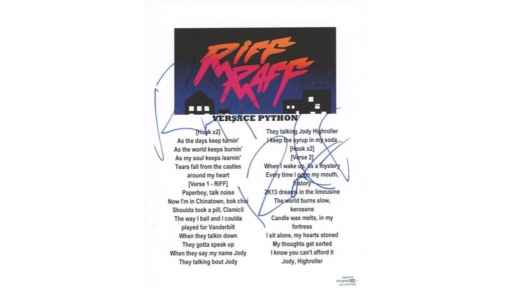riff raff autographed lyric sheet